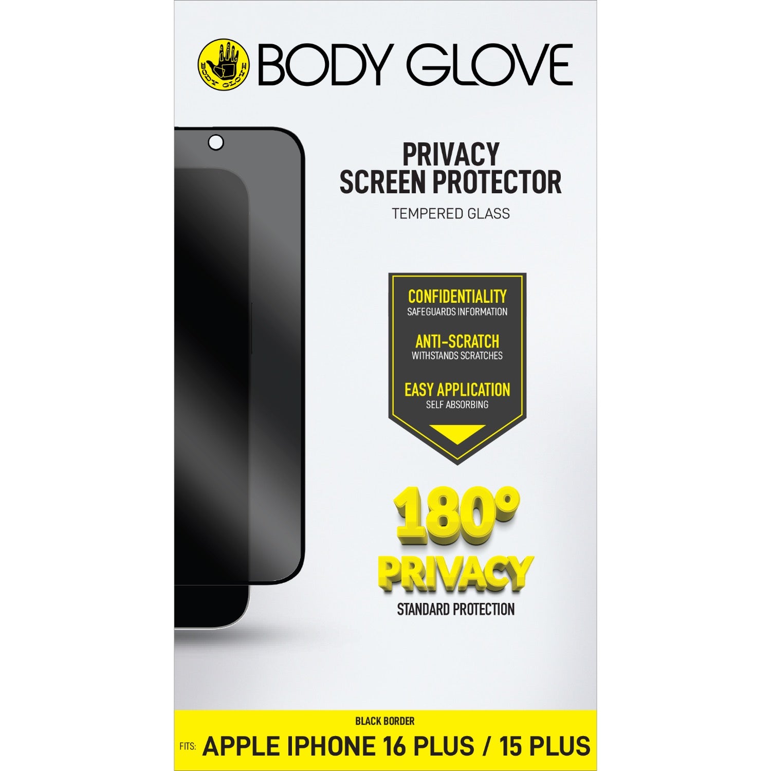 Body Glove Privacy Tempered Glass Screen Protector - Apple iPhone 16 Plus / iPhone 15 Plus - Black Border