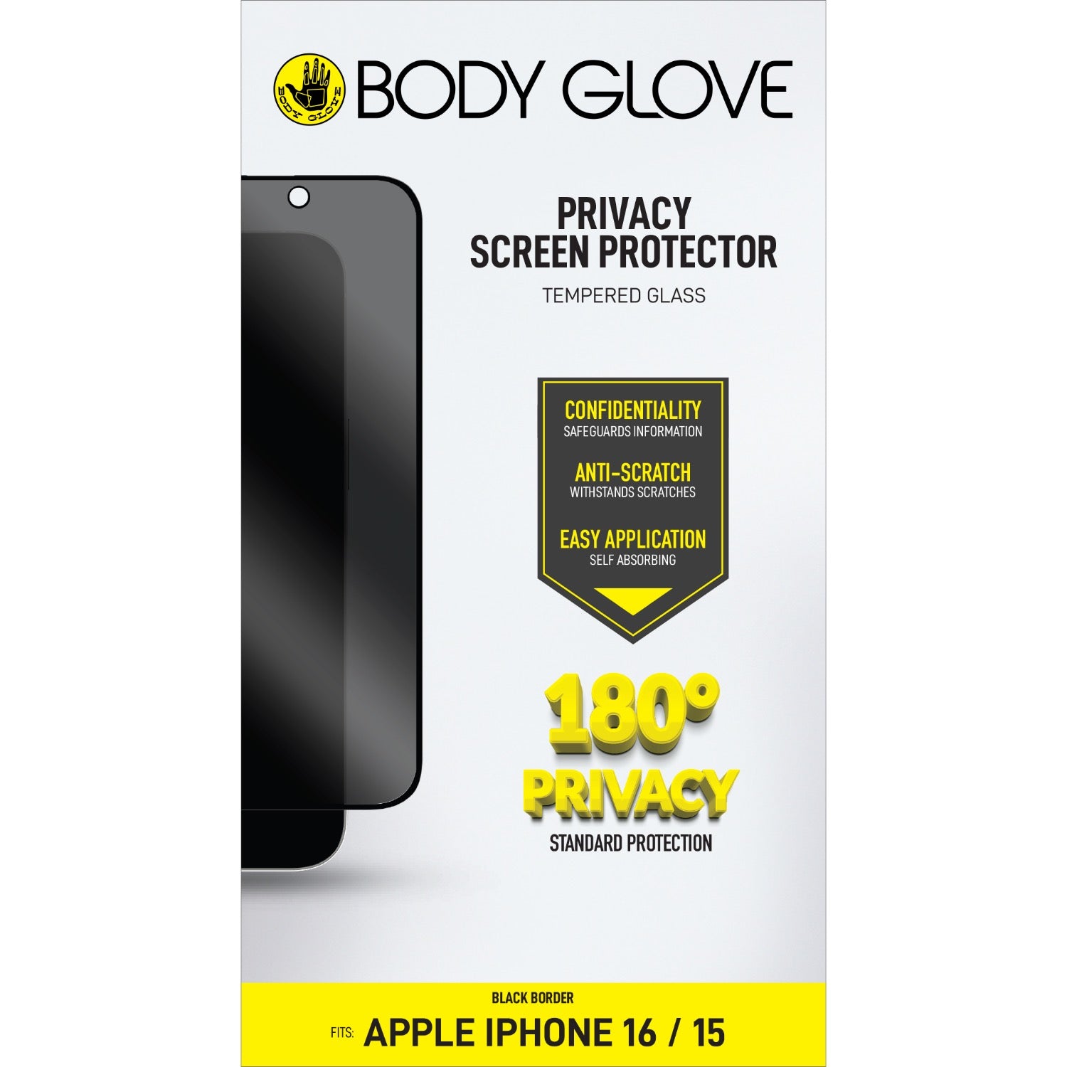 Body Glove Privacy Tempered Glass Screen Protector - Apple iPhone 16 / iPhone 15 - Black Border