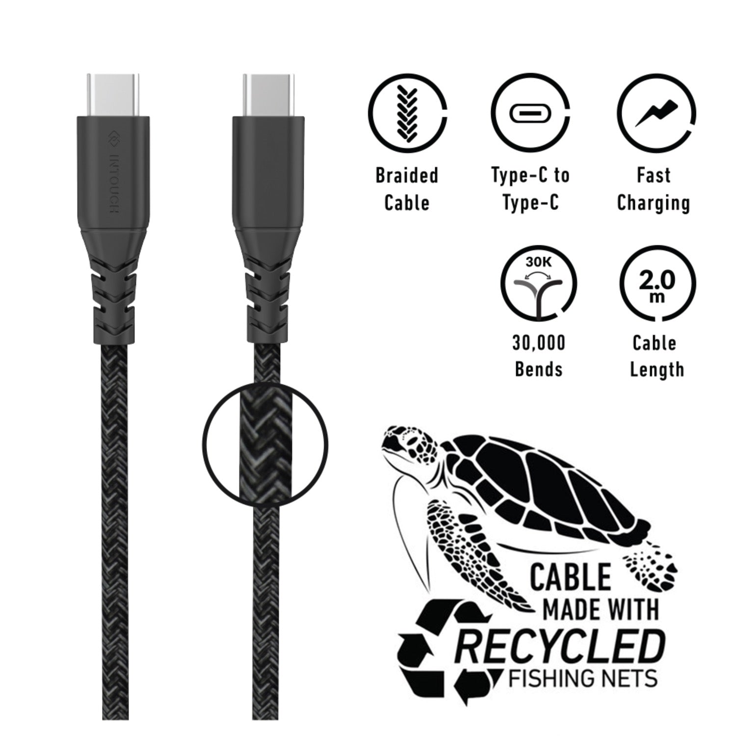 INTOUCH Type-C To Type-C Recycled Braided Cable 2 Metre - Black
