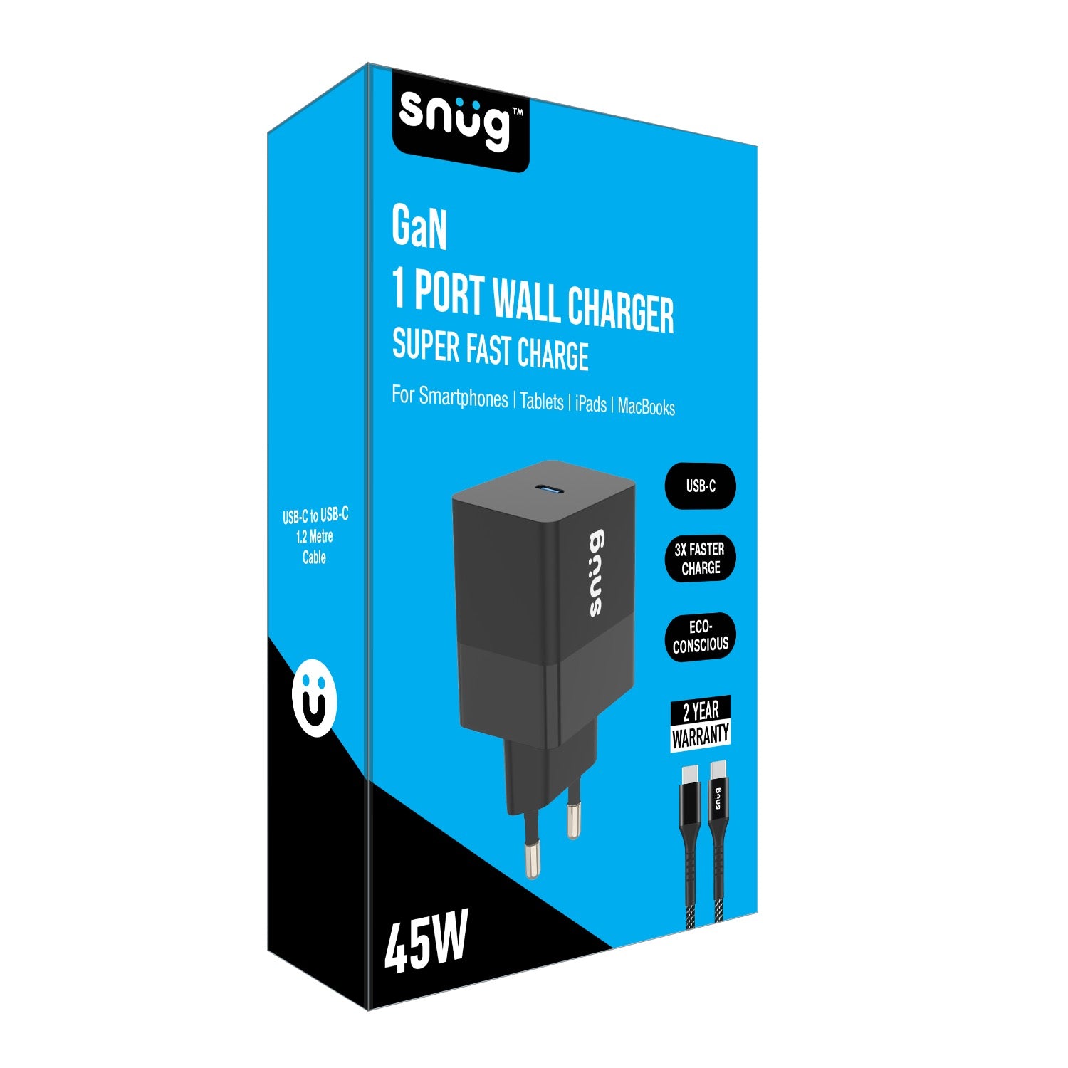 Snug 1 Port PD Home Charger With Cable - 45W - Black