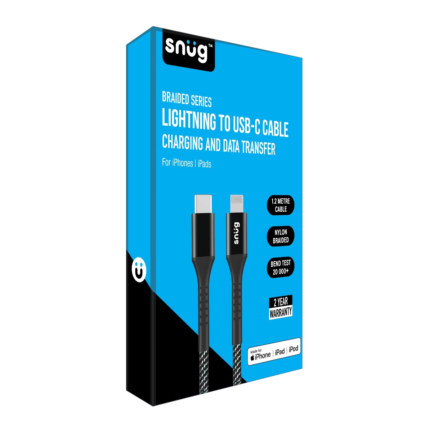 Snug Type-C To MFI Nylon Braided Cable 60W - 1.2 Metre - Black/Silver