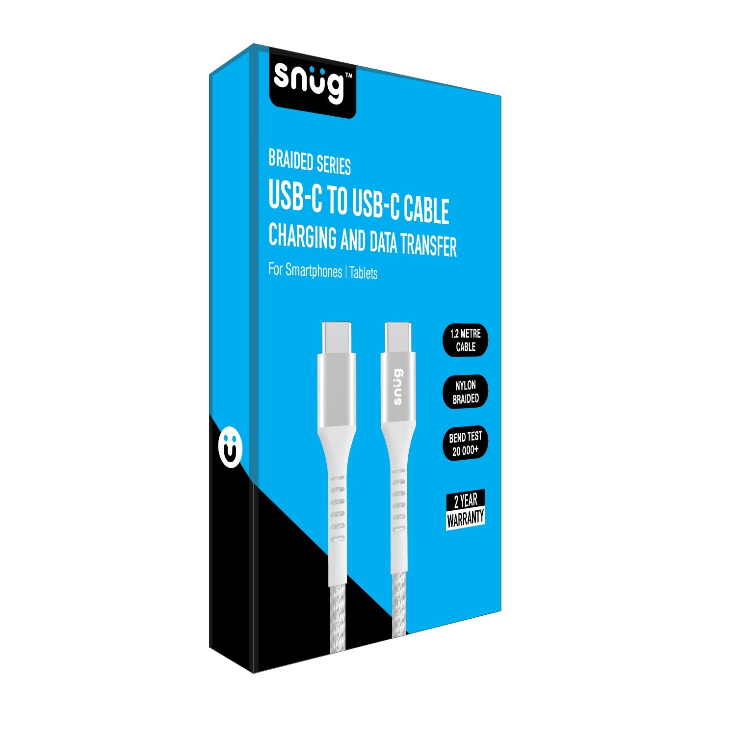Snug Type-C To Type-C Nylon Braided Cable 60W -  1.2 Metre - White/Silver